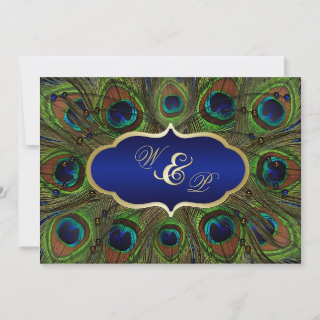 Peacock Feathers, Beads Wedding Invitation - Blue (Front)