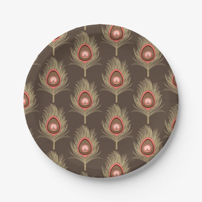 Peacock Feathers, Beige on Dark Chocolate Brown Paper Plates (Front)
