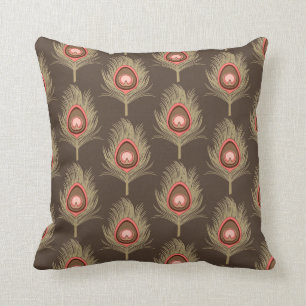 Peacock Feathers, Beige on Dark Chocolate Brown Throw Pillow