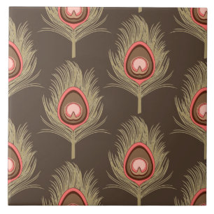 Peacock Feathers, Beige on Dark Chocolate Brown Tile