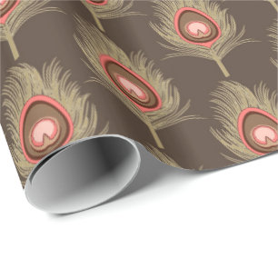 Peacock Feathers, Beige on Dark Chocolate Brown Wrapping Paper