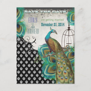 Peacock Feathers Birdcage Save the Date Announcement Postcard