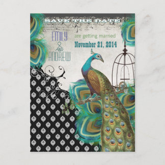Peacock Feathers Birdcage Save the Date Announcement Postcard