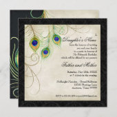 Peacock Feathers Black Damask Quinceanera Party Invitation (Front/Back)