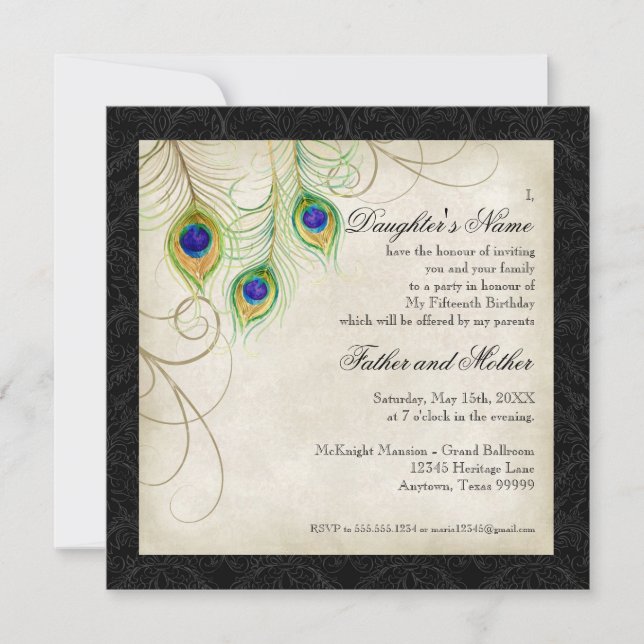Peacock Feathers Black Damask Quinceanera Party Invitation (Front)