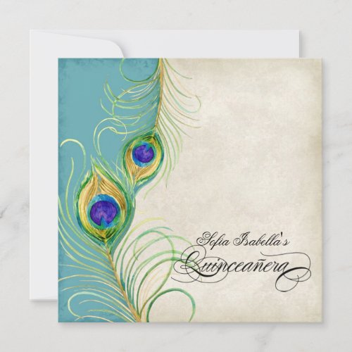 Peacock Feathers Black Damask Quinceanera Party Personalized Invitations