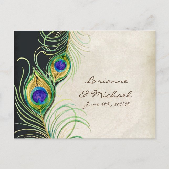 Peacock Feathers Black Damask RSVP Response Card (Front)