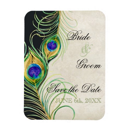 Peacock Feathers Black Damask Save the Date Magnet