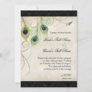Peacock Feathers Black Damask Wedding Stationery Invitation