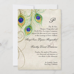 Peacock Feathers Black Damask Wedding Stationery Invitation