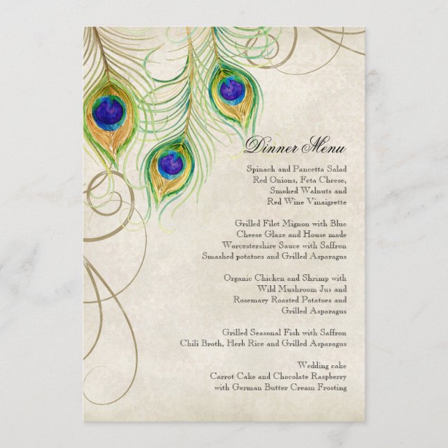 Peacock Feathers Black Damask Wedding Stationery Menu (Front)