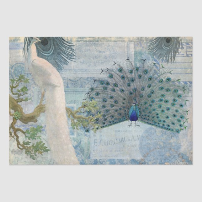 Peacock Feathers Blue and White Crafting Decoupage Tissue Paper (Front)