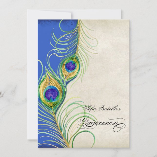 Peacock Feathers Blue Damask Quinceanera Party Invitation (Front)