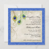 Peacock Feathers Blue Damask Quinceanera Party Invitation (Back)