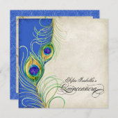 Peacock Feathers Blue Damask Quinceanera Party Invitation (Front/Back)