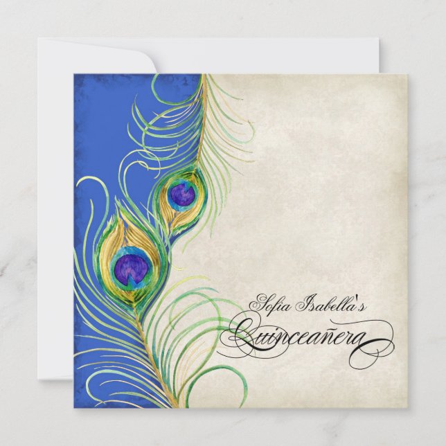 Peacock Feathers Blue Damask Quinceanera Party Invitation (Front)