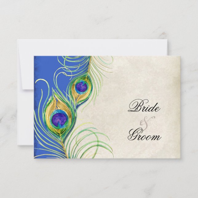 Peacock Feathers Blue Damask RSVP Response Card (Front)