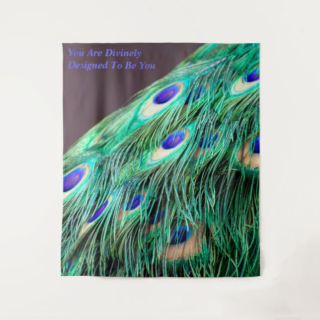 Peacock Feathers Blue Green Purple Desiged Quote Tapestry (Front)