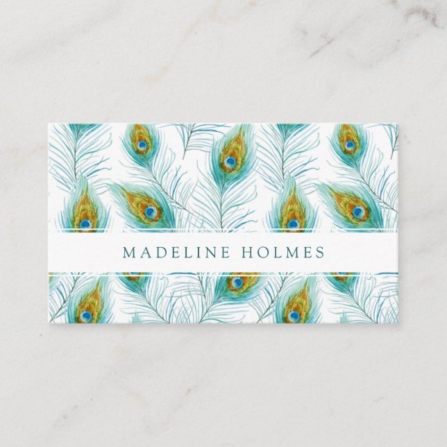 Peacock Feathers Blue Modern Business Card (Front)