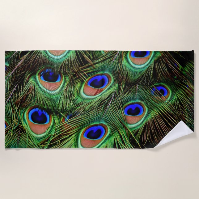 Peacock Feathers Blue Teal Colorful Photography Beach Towel (Front)