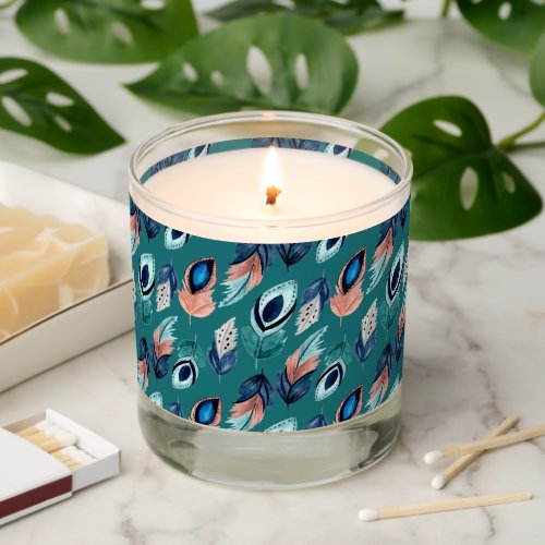 Peacock feathers blue teal orange black pattern scented candle