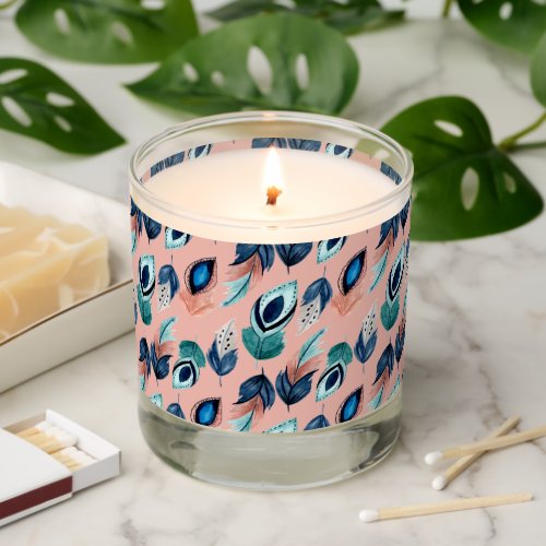 Peacock feathers blue teal peach orange pattern scented candle