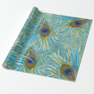 Peacock Feathers Blue Wrapping Paper