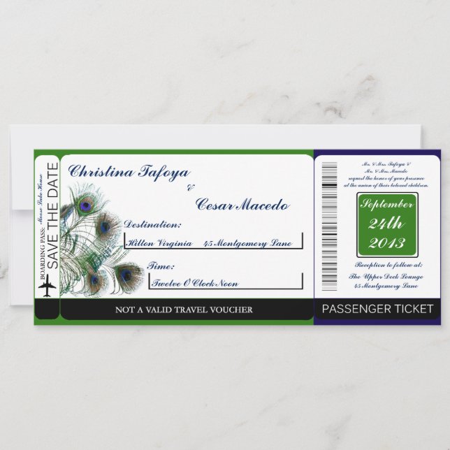 Peacock Feathers  Boarding Pass Wedding Invitation (Front)