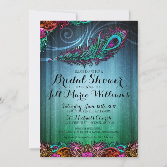 Peacock Feathers Bridal Shower Invitation (Front)