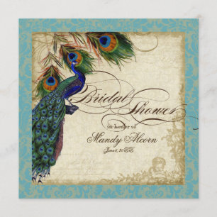 Peacock & Feathers Bridal Shower Invite Aqua Blue