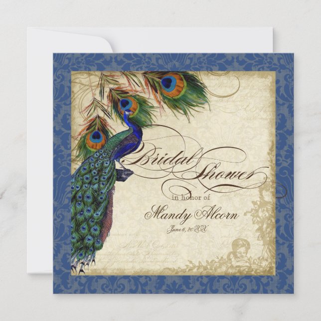 Peacock & Feathers Bridal Shower Invite Navy Blue (Front)
