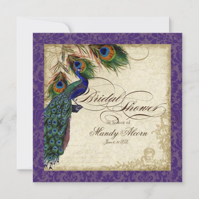 Peacock & Feathers Bridal Shower Invite Purple (Front)