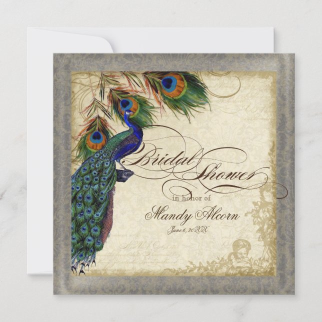 Peacock & Feathers Bridal Shower Silver Metallic Invitation (Front)