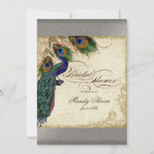 Peacock & Feathers Bridal Shower Silver Metallic Invitation