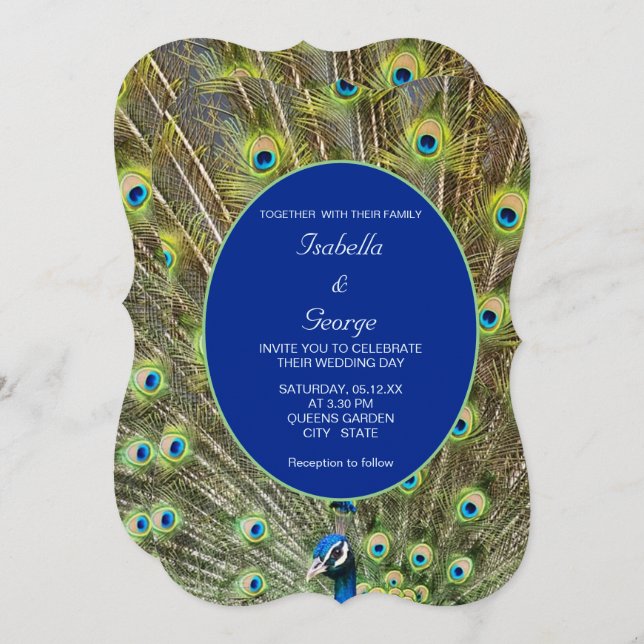 Peacock Feathers & Calligraphy on Blue Wedding Invitation (Front/Back)