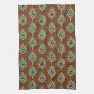 Peacock Feathers, Camel Tan on Chocolate Brown Kitchen Towel