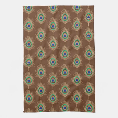 Peacock Feathers Camel Tan on Chocolate Brown Kitchen Towel