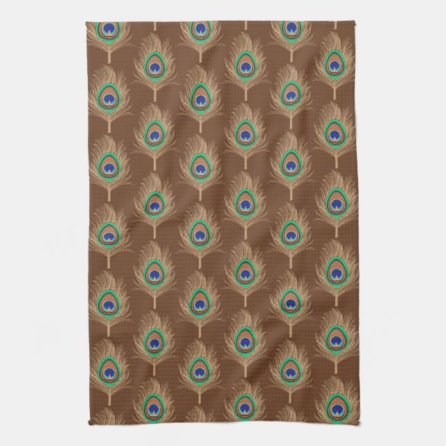 Peacock Feathers, Camel Tan on Chocolate Brown Kitchen Towel (Vertical)