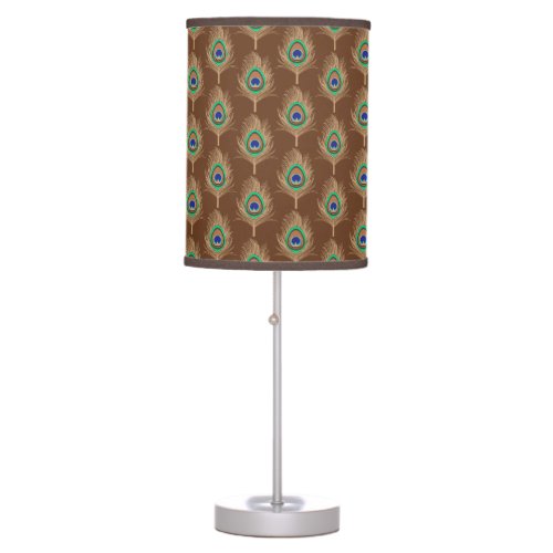 Peacock Feathers Camel Tan on Chocolate Brown Table Lamp