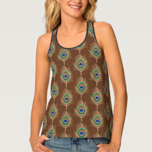 Peacock Feathers Camel Tan on Chocolate Brown Tank Top