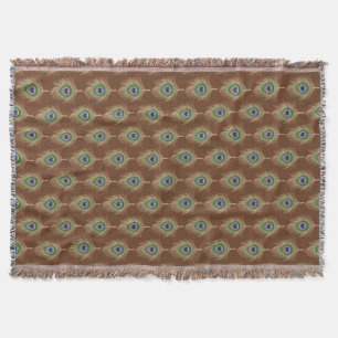 Peacock Feathers, Camel Tan on Chocolate Brown Throw Blanket