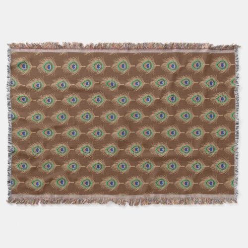 Peacock Feathers Camel Tan on Chocolate Brown Throw Blanket