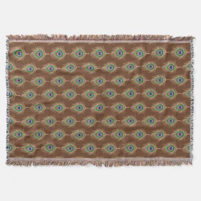 Peacock Feathers, Camel Tan on Chocolate Brown Throw Blanket (Front)
