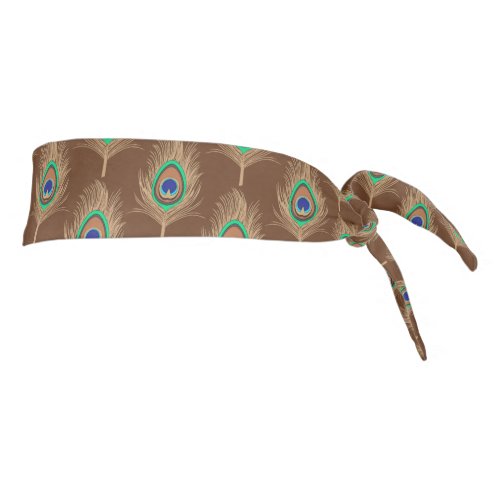 Peacock Feathers Camel Tan on Chocolate Brown Tie Headband