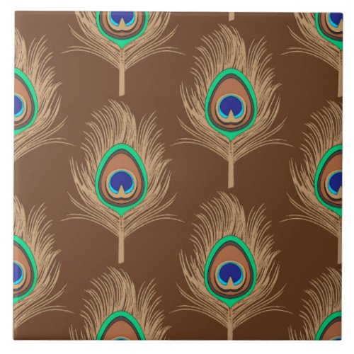 Peacock Feathers Camel Tan on Chocolate Brown Tile