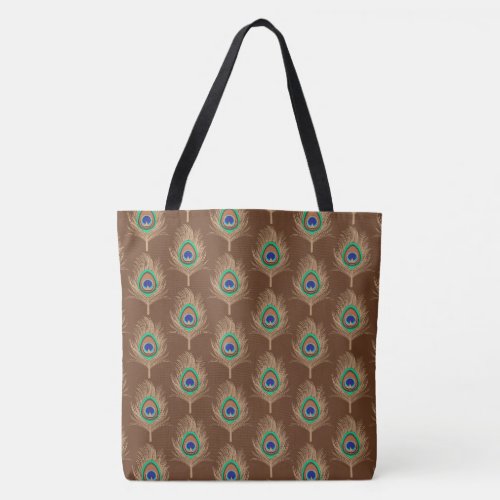 Peacock Feathers Camel Tan on Chocolate Brown Tote Bag