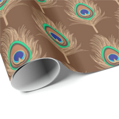 Peacock Feathers Camel Tan on Chocolate Brown Wrapping Paper