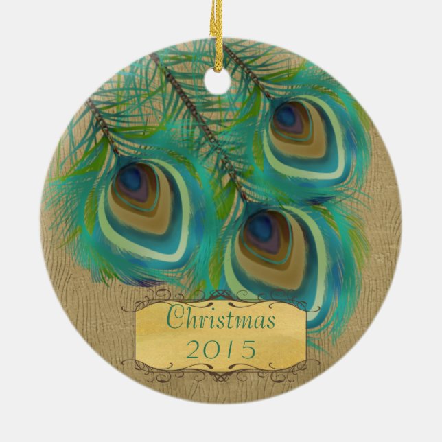 Peacock Feathers Christmas Couples Photo Ornaments (Back)