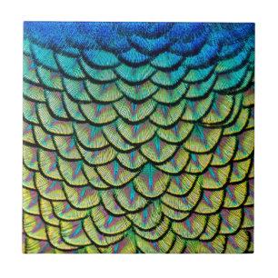 Peacock Feathers Close Up in Art Deco Pattern Ceramic Tile