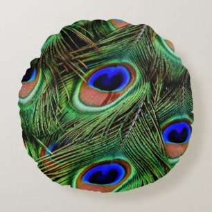 Peacock Feathers Close Up Photography Blue Green Round Pillow